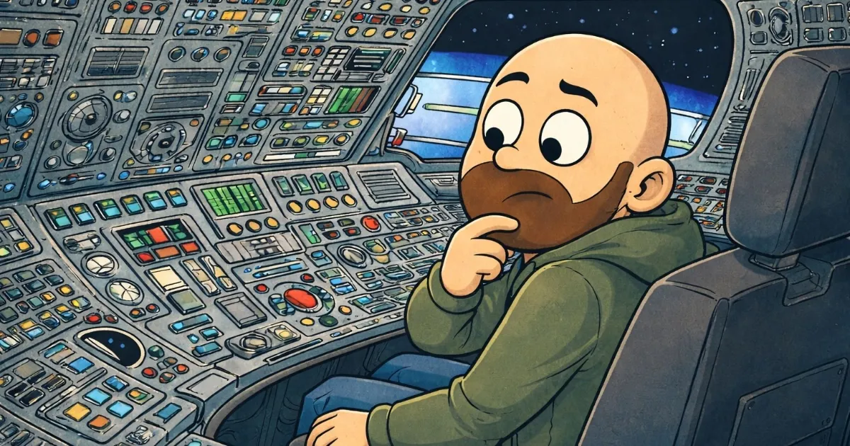 A cartoon-style illustration of a man sitting inside an overwhelming space shuttle cockpit filled with switches and controls.