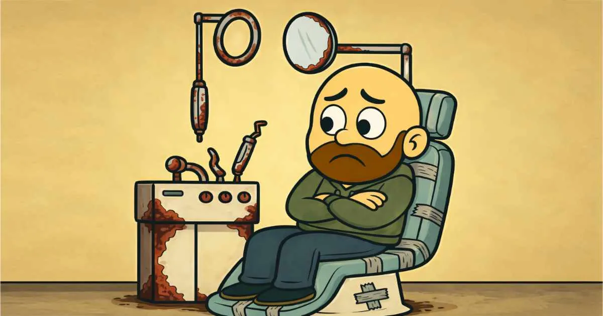 A man sits nervously in an old dentist office where the chair is cracked and the tools are visibly rusted.