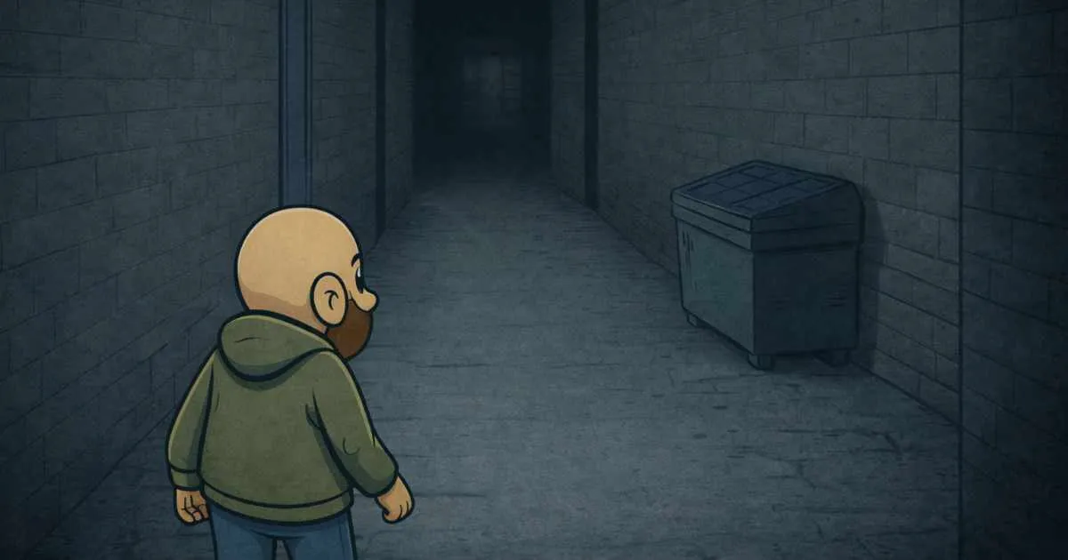 A man walking by a dim alley where a store is barely visible in the distance.