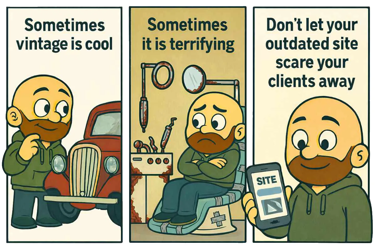 A three‑frame comic strip showing a man smiling beside a classic car, then terrified in a rundown dentist office with damaged equipment, and finally happy while viewing a fresh mobile‑friendly website.