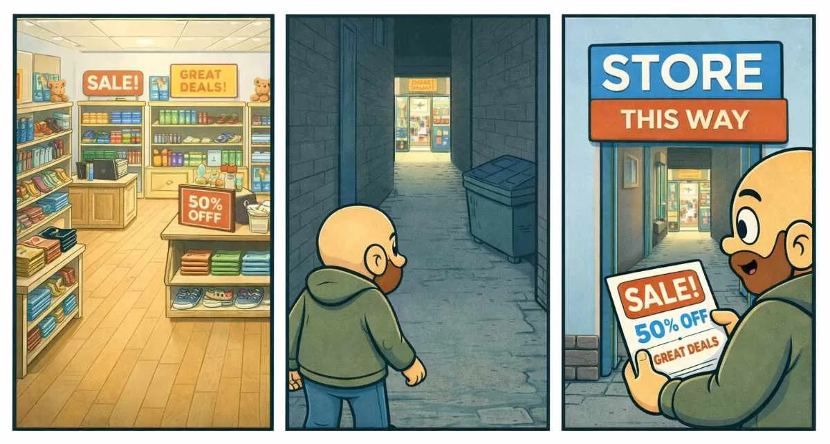 A three‑frame comic strip showing a nice store full of items for sale, then the same store barely visible at the end of a dark alley, and finally a man holding a flyer with clear signage directing him to the store.